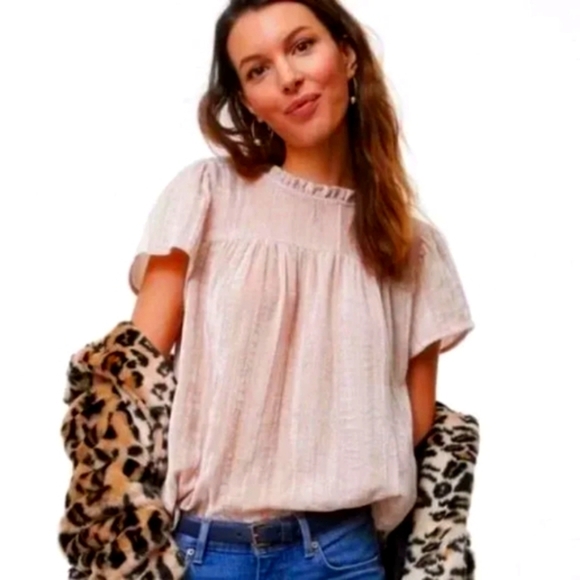 LOFT Pink Ruffled Bib Collar Velvety Blouse - Picture 1 of 12